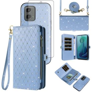 Imagem de Capa de celular para Motorola Moto G 5G 2024 carteira com zíper destacável protetor de tela de vidro temperado alça transversal alça flip glitter porta-cartão slot G5G 5 G G5 mulheres homens azul