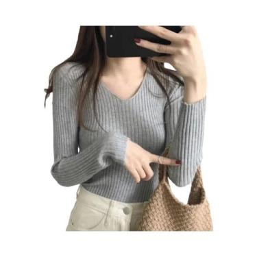Imagem de Suéter Feminino De Tricô Gola V Slim Fit Manga Longa Cor Sólida Moda C