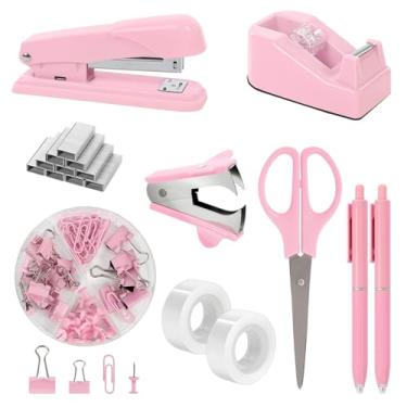 Imagem de SKYDUE Acessórios de mesa de escritório rosa, grampeador, dispensador de fita, tesoura, clipes e 1000 peças de grampos, material de escritório para mesa feminina