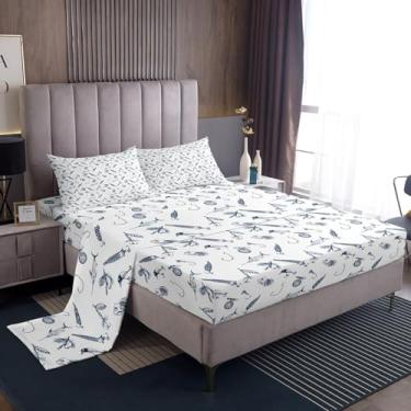 Imagem de Lençóis de cama de pesca tamanho duplo, conjunto de cama com estampa de anzóis de esboço 3 peças para crianças meninos homens adultos cabine decoração de casa, lençol com elástico de peixe de caça