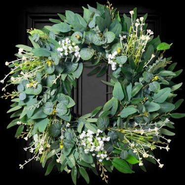 Imagem de Guirlandas de eucalipto de 51 a 56 cm para porta da frente em todas as estações, guirlanda de casa de fazenda verde artificial feita à mão para primavera, verão, decoração interna e externa