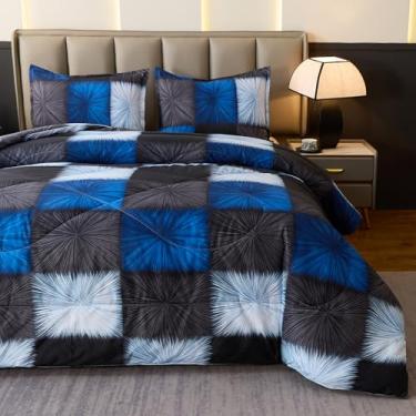 Imagem de Caressma Conjunto de edredom xadrez, preto e azul marinho, solteiro, xadrez preto e branco, decoração de casa para todas as estações