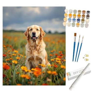 Imagem de Kit de pintura Golden Retriever por números para adultos – Pintura DIY de cachorro sentado em campo de flores laranjeiras enrolada em tela 40,6 x 50,8 cm, conjunto de tinta acrílica para iniciantes