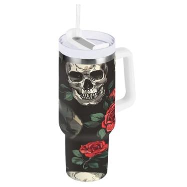 Imagem de SEHANY Copo de caveira e rosas de 850 g com alça, copo isolado de aço inoxidável a vácuo de parede dupla, caneca de café à prova de vazamento, copo isolado para viagem, cabe no suporte de copo de