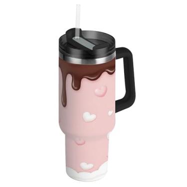 Imagem de ATTX Copo de chocolate ao leite de 1,134 g com alça, copo de aço inoxidável a vácuo de parede dupla com palha, caneca de café de viagem isolada #185