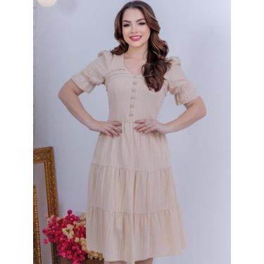 Imagem de Vestido Midi Soltinho Malha Lese de Festa Convidads - Fashion, Bege, M