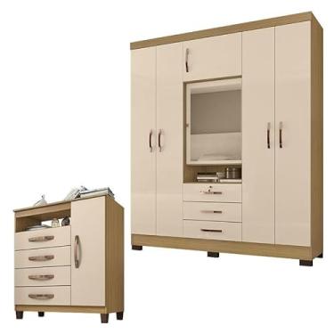 Imagem de Guarda Roupa Casal Imperial com Cômoda Sapateira Cannes Carvalho Americano Off White - Incorplac