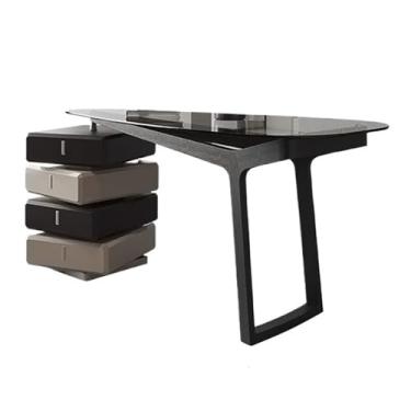 Imagem de Mesa de computador para escritório doméstico moderna com armazenamento, mesa de maquiagem com tampo de vidro, escrita em cor esfumaçada com gaveta rotativa (M)