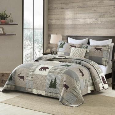 Imagem de EWlinens Colchas King Size – Conjunto de colcha acolchoada 100% algodão, colcha rústica, urso, veado, casa de fazenda, conjunto de edredom xadrez, 3 peças, marrom/cinza/verde