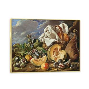 Imagem de Moldura dourada. Arte vintage emoldurada de frutas mortas, pintura clássica de cozinha country, decoração de parede de casa de fazenda quente para sala de jantar e cozinha. A88. 80 x 105 cm - 31,5 x