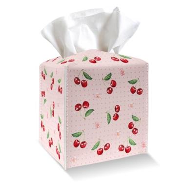 Imagem de Suporte para caixa de lenços - Capa de caixa de lenços de couro PU de bolinhas rosa com cinto inferior, dispensador de papel facial quadrado de cerejas e flores para mesa, banheiro, cozinha, carro e