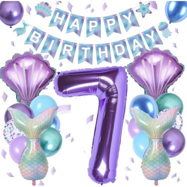 Imagem de Kit de decorações de aniversário com balão número 7, balão de concha e faixa para artigos de festa de verão com tema de aniversário e oceano