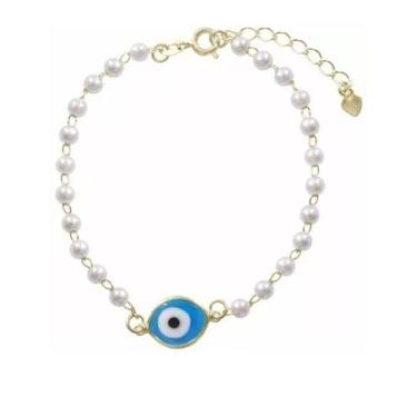 Imagem de Pulseira Olho Grego Pérolas Delicado Folheado Ouro 18k - Milena Folhea
