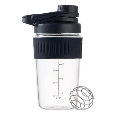 Imagem de Coqueteleira de vidro pequena de 473 ml, vidro borossilicato, proteína em pó, academia, treino, pequena coqueteleira, misturas para misturas de proteínas com bola de mistura (A-PRETO, 1)
