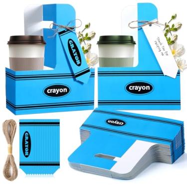 Imagem de 24 Set Back to School Crayon Teacher Appreciation Gifts 2 Cup Drink Carrier with Crayon Shaped Greeting Card Cardboard Kraft Cup Holder with Handle Thank You Gift for School Classroom Party Favors