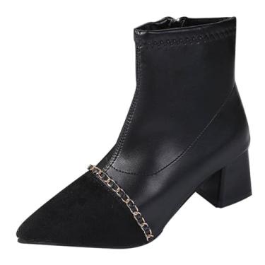 Imagem de Botas femininas modernas de inverno salto grosso salto médio bico fino veludo botas femininas cano curto salto alto, casual e versátil, Preto, 35