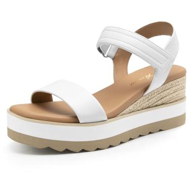 Imagem de Athlefit Sandálias femininas tipo espadrille, bico aberto, tira no tornozelo, salto baixo, plataforma, para o verão, Branco, 36
