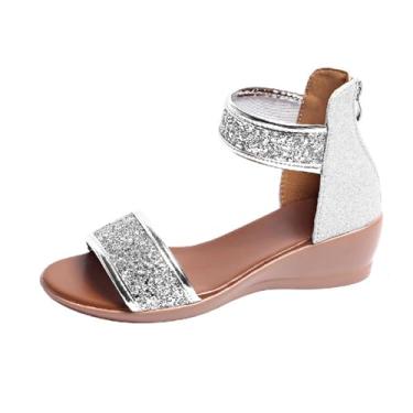 Imagem de Sandália feminina casual com bico redondo, bico aberto, zíper traseiro, purpurina, sola grossa, Prata, 36