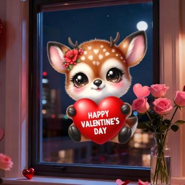 Imagem de Adesivos de janela de dia dos namorados adesivos de janela de rena fofos com design de coração vermelho inverno dupla face para decoração de exibição de porta de vidro de festa de aniversário de