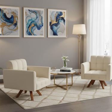 Imagem de Poltrona Sala Decorativa Kit 2 Elisa Giratória Castanho MM30 Sintético PU Bege D03 - D'Rossi