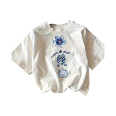 Imagem de Camiseta Casual Feminina De Manga Curta Com Estampa Floral Azul Para U