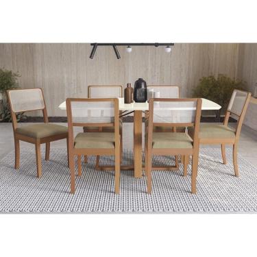 Imagem de Sala Jantar Mesa Elma Premium Madeira Maciça c/ Tampo Madeirado c/ Vidro 170x90cm e 6 Cadeiras Lola Carvalho/Off White - Boucle Bege Fendi-Kappesberg