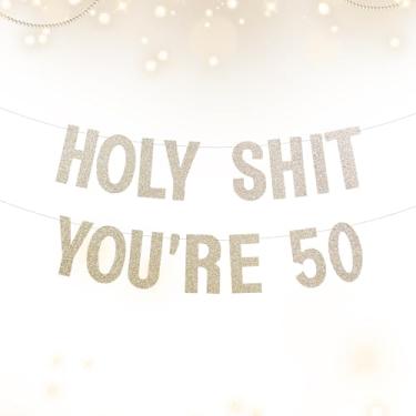 Imagem de Decorações engraçadas de aniversário de 50 anos para homens e mulheres, faixa grande pré-amarrada rude Holy Shit You're Old Banner, suprimentos de festa de aniversário de marco com glitter, cartolina