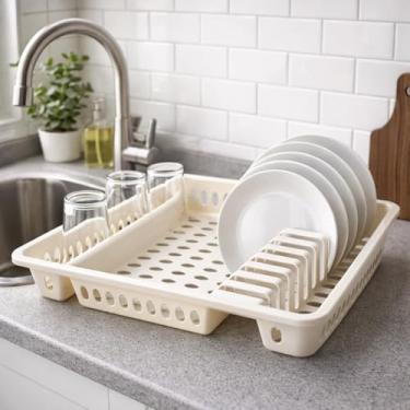 Imagem de Escorredor de Louças 10 Pratos Cozinha Plástico Bege Escorredor Louça Copos Talheres 3 Divisórias