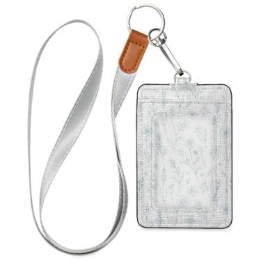 Imagem de Burbuja Porta-crachá de couro com cordão, etiqueta de identificação de flores com 1 janela transparente para identidade e 2 compartimentos para cartão para escritório, enfermeira, professor, médico