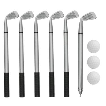 Imagem de Conjunto de canetas de golfe com bola de golfe – 6 canetas esferográficas de taco de golfe, tinta azul e 3 bolas de golfe brancas, canetas engraçadas para escritório, presente de festa de golfe para