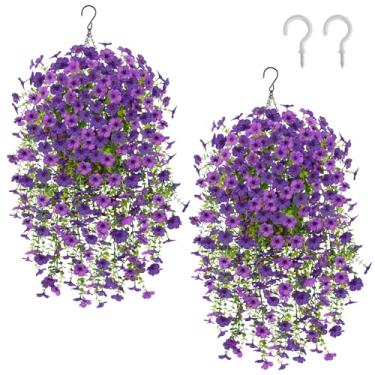 Imagem de Zythrem 2 peças de flores artificiais roxas para pendurar com vaso de pendurar plantas falsas para pendurar ao ar livre, cestas para plantas, flores de primavera, artificiais, para decoração de