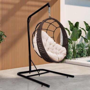 Imagem de Cadeira Balanço Ninho Suspenso Em Corda Náutica Luxo Com Suporte Marrom-branco
