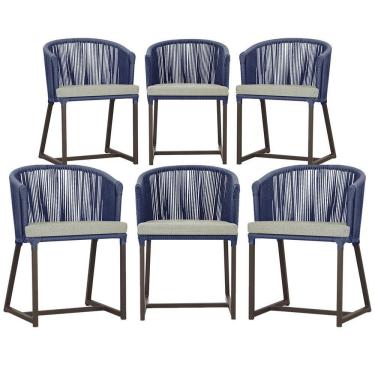 Imagem de 6 Cadeiras De Jantar Noronha Marrom Corda Náutica E3 Trama Azul