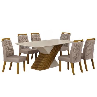 Imagem de Conjunto Sala De Jantar Ilhéus Off White1,80 M Com 6 Cadeiras Pés Em Madeira Leifer Móveis
