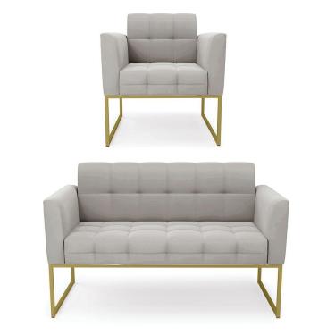Imagem de Kit 1 Sofá Namoradeira E 1 Poltrona Veludo Base Metálica Industrial Dourado - D\'rossi Cor Cinza