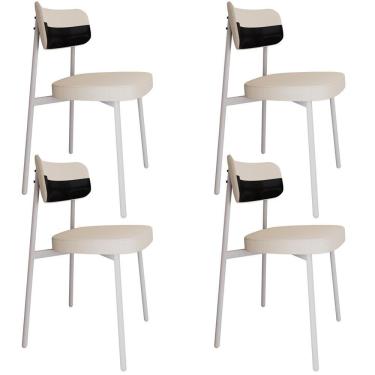 Imagem de Kit 04 Cadeiras Estofada Para Sala De Jantar Astrid Branco C01 Linho Palha Courino Preto - Lyam Decor