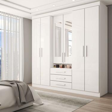 Imagem de Guarda-Roupa Casal Real 6 Portas 3 Gavetas com Espelho 100% Mdf Branco - Panorama Móveis