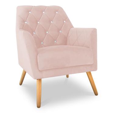 Imagem de Poltrona Velvet Strass Veludo Pés De Madeira Rosa Bebê - Pallazio