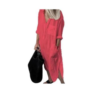 Imagem de Vestido Feminino Casual De Verão Em Algodão E Linho, Elegante, Cor Sól