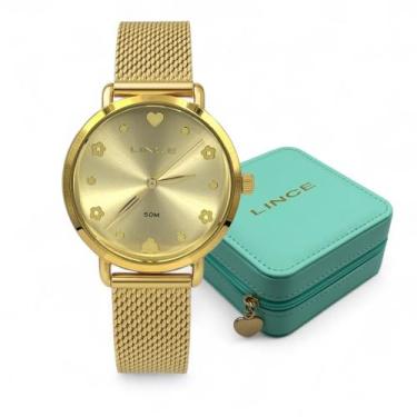 Imagem de Relógio Lince Dourado Feminino com Porta Joias e Pulseira de Malha Mes
