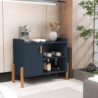 Imagem de Aparador Buffet Luxor Estilo Retrô Com Pés De Madeira E Porta Unica Azul