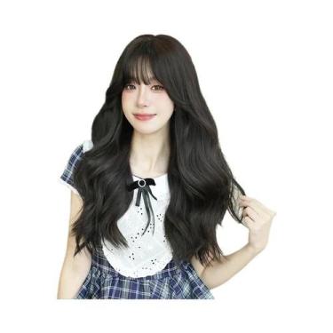 Imagem de Peruca Feminina Longa Ondulada Marrom Com Franja Volumosa, Resistente 