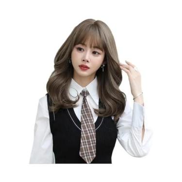 Imagem de Peruca Feminina Longa Ondulada Marrom Com Franja Volumosa, Resistente 