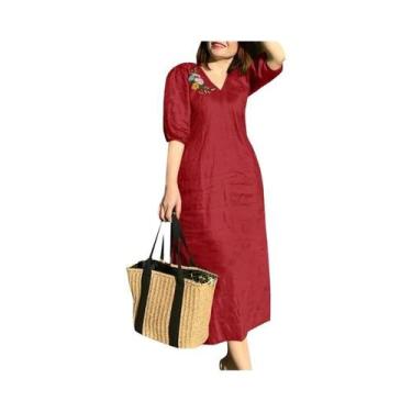 Imagem de Vestido Feminino Com Bordado Floral, Decote Em V, Manga Curta, Elegant