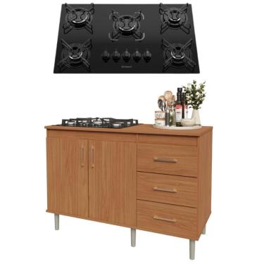 Imagem de Conjunto Balcão para Cooktop Turim 2 Portas 3 Gavetas Mdf-mdp 120cm Marrom com Cooktop 5 Bocas Movelove