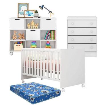 Imagem de Kit Berço Americano Doce Sonho com Cômoda 3 Gavetas e Nicho MDP Colchão Incluso Branco Brilho Qmovi