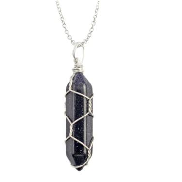 Imagem de Colar com pingente de quartzo de cristal natural, coluna hexagonal, colar de bala, fio de prata embrulhado com chacra, espírito de cura, joia Reiki, pedra energética de cura para homens e mulheres, presente espiritual (obsidiana)