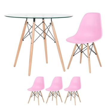 Imagem de Mesa Redonda Eames Com Tampo De Vidro 90 Cm + 3 Cadeiras Eiffel Dsw Rosa