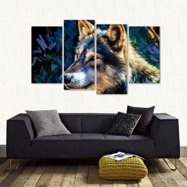 Imagem de Quadro Decorativo Lobo Artístico Quarto Em Tecido 4 Peças