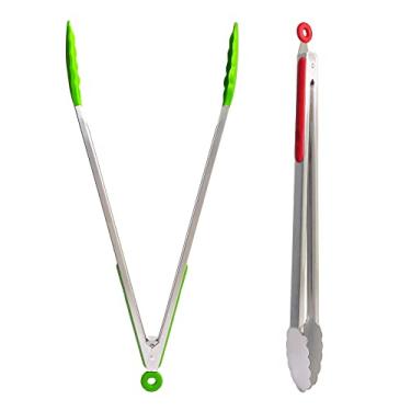 Imagem de UPTALY Pinças de grelha extra longas de 45 cm (1 peça verde esmeralda, 1 peça vermelha), pinças de churrasco de aço inoxidável com cabo longo, pegador de comida de tamanho grande, pegador de carne engrossado, pegador de servir estendido